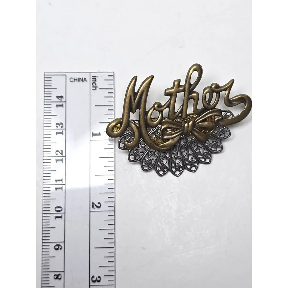 MOM Brooch Pin Filigree Metal Bronze Tone & Silver Tone Mother's Day Gift